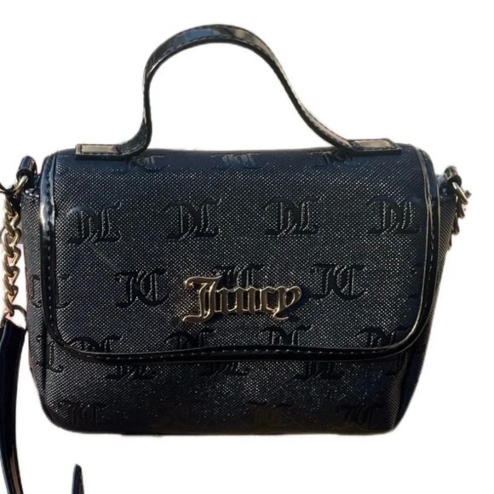 Juicy Couture Black Embossed Logo Flap Crossbody Bag Gold Chain Strap NWT